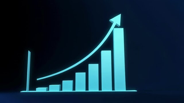 Growing bar chart with upward arrow animation in a dark blue gradient setting with subtle lighting effects