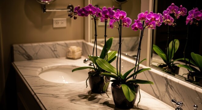 Elegant Purple Orchid Flowers on Marble Vanity Countertop with Mirror Reflection