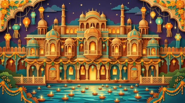 Magnificent Indian palace illuminated with warm golden lights and festive lanterns for Diwali celebration