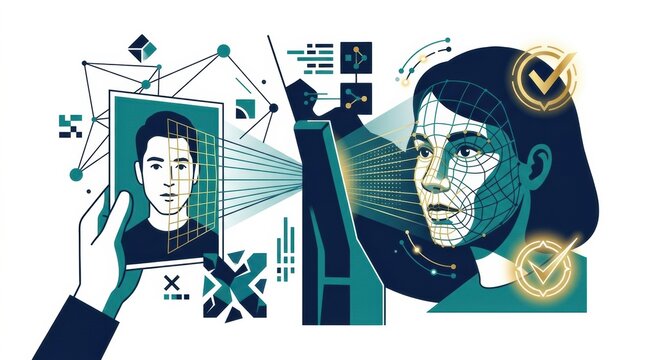 A person is using a device to verify a digital identity with AI. The scene shows face recognition and data analysis.