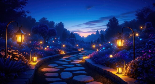 Enchanting Garden Path at Dusk with Lanterns and Fairy Lights Mystical Atmosphere