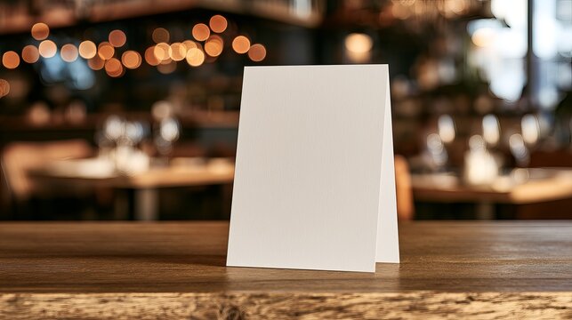 Blank menu card positioned on a wooden table, blurred restaurant background, ideal for menu design concept