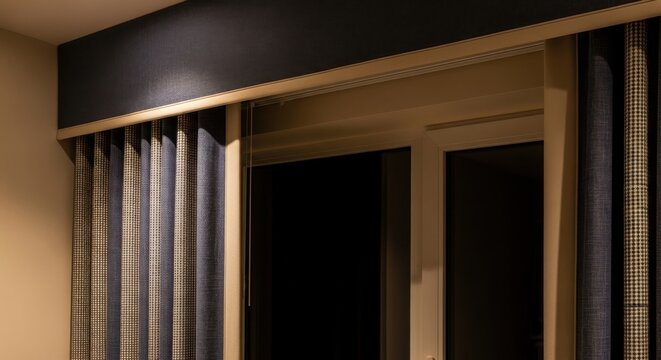 Elegant window with textured curtains and hidden lighting modern hotel room interior detail dimly lit ambiance
