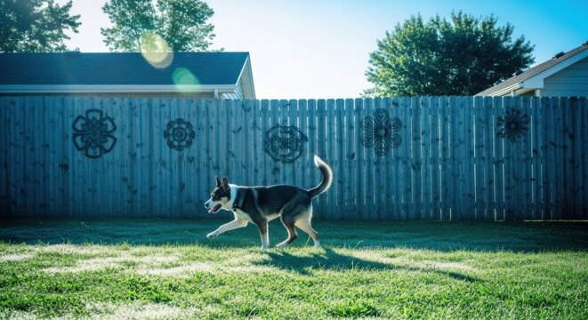 Energetic Dog Playing in Sunny Backyard with Wooden Fence and Green Grass