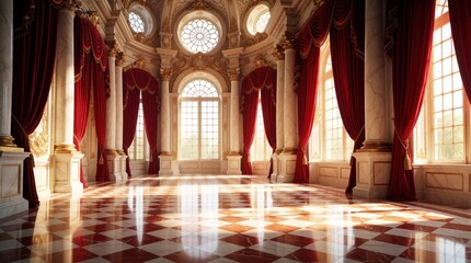Naklejka premium Empty ballroom inside medieval royal castle with red curtains, tall windows. Luxury banquet hall features marble columns, gold decor, glossy checkered floor. Grand palace interior with bright