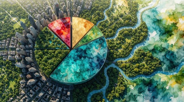 Digital pie chart shows urban city, green forest. Infographic graphic displays eco sustainability, climate change, nature balance. Abstract watercolor style combines modern skyline with vegetation,