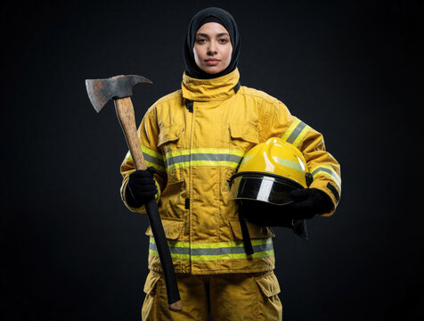 Brave Muslim woman firefighter wears black hijab, yellow protective turnout gear. Holds fire axe, safety helmet against dark background. Strong female hero stands ready for emergency service, rescue