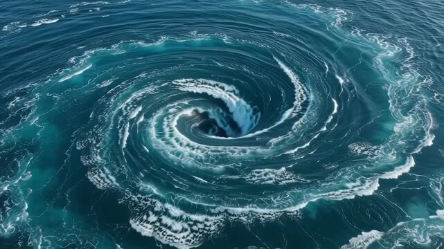 Aerial slow motion tracking of swirling ocean whirlpool pulling water downward on open sea surface