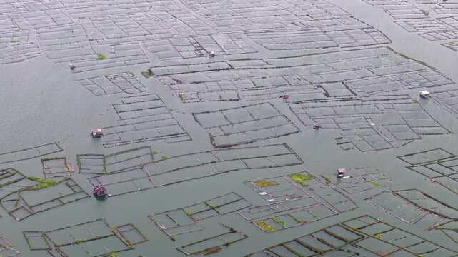 Aerial view of vast aquatic farming arrays. Rectangular sections float on calm, greenish water at Waduk Karangkates