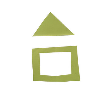 A simple house shape made of green paper cutouts featuring a triangle roof and a square base structure