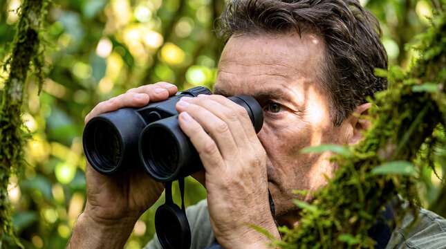 Nature Explorer Using Optical Binoculars for Wildlife Spotting in Tropical Jungle