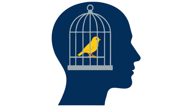Head silhouette with bird in cage symbolizing trapped mind, comfort zone limits, mental barriers, confinement concept, yellow canary metaphor vector illustration for psychology and personal growth