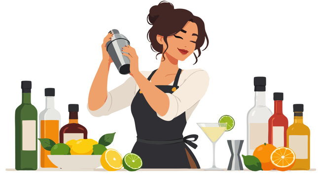 Smiling female bartender shaking cocktail shaker behind bar with liquor bottles, lemons, limes, oranges, martini glass and jigger, bold flat vector illustration isolated on white