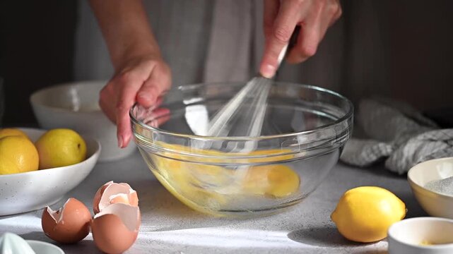 Woman whisking lemon cake batter in a glass bowl