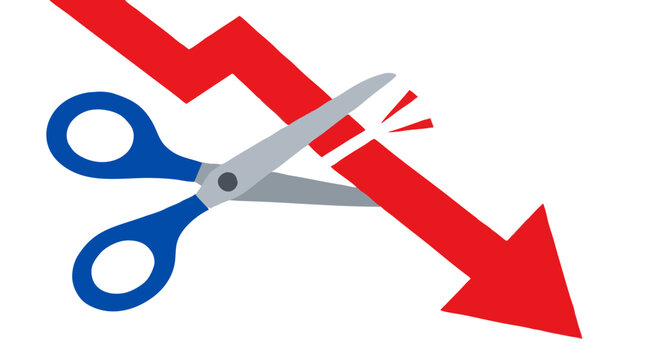 Red downward zigzag arrow being cut by giant blue scissors stopping decline, concept of cutting losses, preventing financial crisis and halting market crash on white background illustration