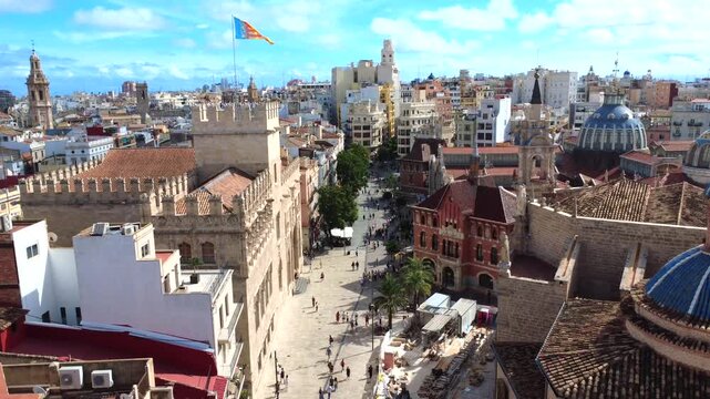 Valencia Spain Pl del Mercat Street Aerial Drone 4K