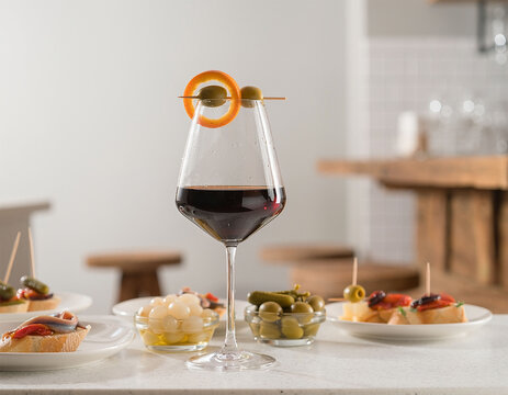 Vermouth and Red Wine with Canapes and Appetizers on Bar Table
