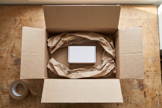 Small product box inside oversized shipping carton with excess paper packaging
