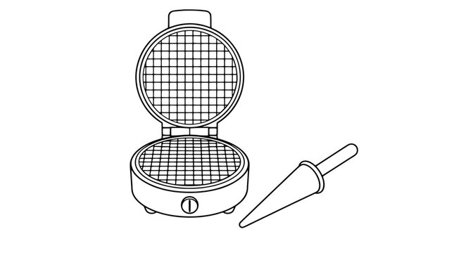 Black outline vector icon of an open wafer baker with hinged round gridded plates and separate cone roller alongside drawn with thin lines in three-quarter view highlighting waffle grid patterning