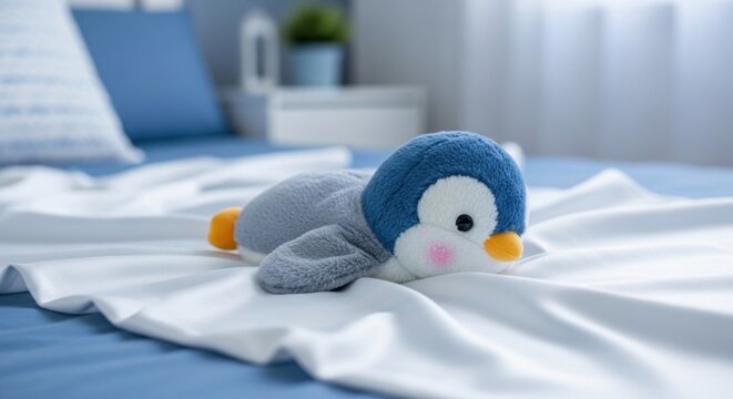 Cute fluffy penguin plush toy lying on white bed sheets cozy bedroom decor soft material childrens comfort