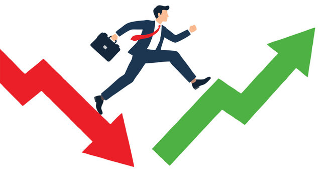 Dynamic businessman in suit leaping from falling red down arrow to rising green up arrow symbolizing business recovery, growth, success and financial turnaround on flat white background