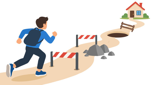Determined young man with backpack running along winding path with obstacles toward distant house, symbolizing first-time homebuyer struggles, mortgage hurdles and challenging real estate journey