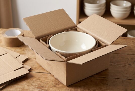 Ceramic bowl protected by cardboard dividers at small business packing station