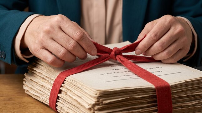 archival document preservation and bundling. hands tying red ribbon around stack of aged paperwork. organizing historical records and legacy files.

