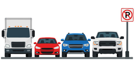 Fototapeta premium Front view of generic parked vehicles including white box truck, red sedan, blue SUV and white pickup truck beside no parking sign in a row, flat vector illustration isolated on white background