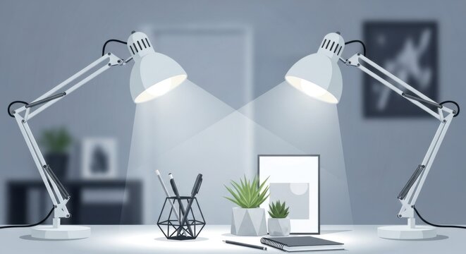 Desk Lamps Illuminating Study Area with Plants and Notebook