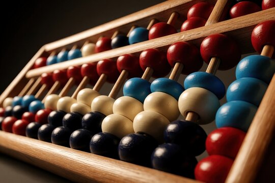 Close up view of wooden abacus with colorful beads. Traditional math tool shows red blue, white counters on wooden frame. Vintage counting device used for arithmetic calculation finance accounting,