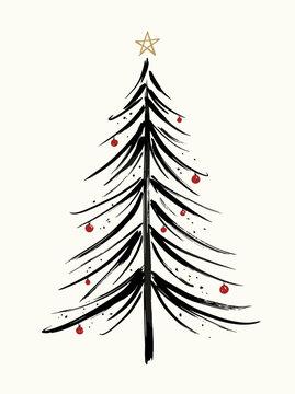 Simple Christmas tree drawn with bold black strokes. Red ornaments dot the branches gently. Tiny gold star crowns the top with charm. Clean white background lets the tree stand out