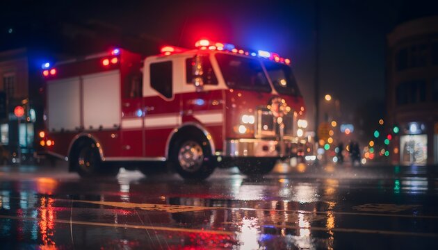 Cami&oacute;n de bomberos con luces de emergencia en una calle mojada de noche