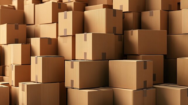 Stacked cardboard boxes forming a full pile against a neutral background, representing shipping and storage concepts
