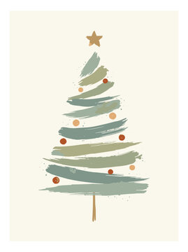 Soft brushstrokes form a minimalist Christmas tree. Pastel greens and beige create a calm, modern aesthetic. Single golden star crowns the top. Red and orange accents add warm holiday charm