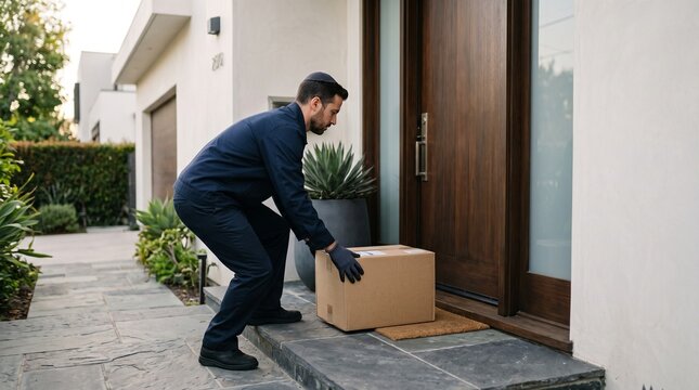 Delivery person wearing a kippah places a package on the doorstep of a modern house