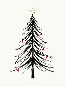 Simple tree drawn with bold brushstrokes. Red dots mark festive decorations. Golden star tops the tree's peak. White background highlights clean design. Perfect for holiday-themed projects