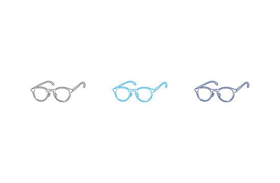 Three pairs of eyeglasses in different colors on a white background.