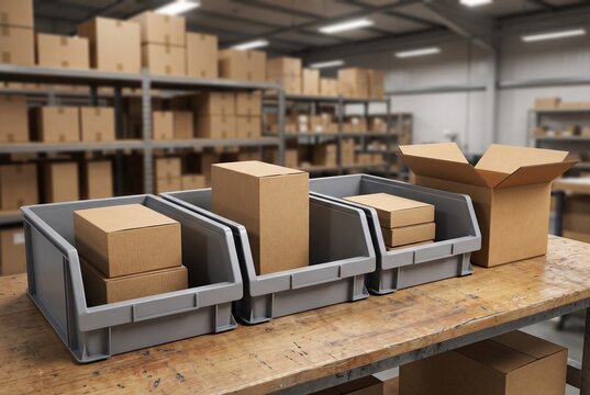 Separate customer orders organized in picking bins at warehouse packing bench
