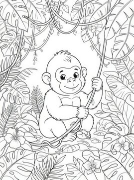 Coloring page of a cute baby gorilla sitting in the jungle surrounded by tropical leaves, vines, and flowers