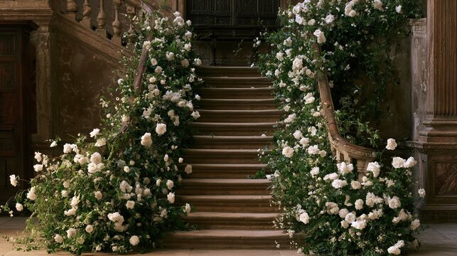 Lush floral cascade adorns elegant stone staircase, hinting at romantic occasion, creating graceful, inviting, wedding decor concept