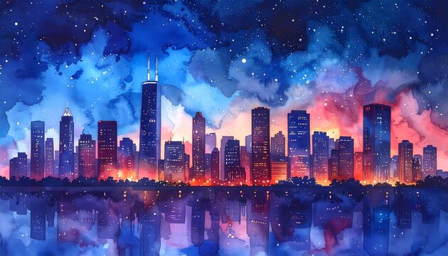 Horizonte urbano en acuarela con reflejos sobre el agua al anochecer