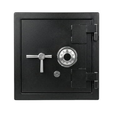 Black steel security safe with combination dial lock isolated on a