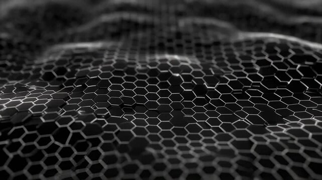 Hexagonal Nanomaterial Surface undulating with soft light during scientific research for technology backgrounds