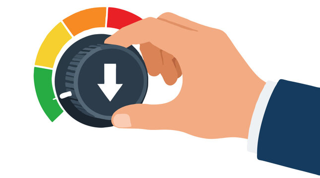 Business hand turning cost reduction dial down to minimum green level for budget savings and expense control concept in bold flat vector illustration isolated on white background efficiency
