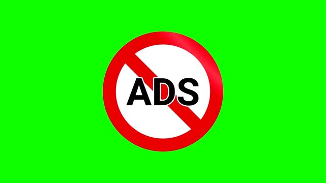 Red prohibition sign with ADS text on green screen background for ad blocking concept