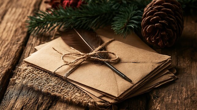 Rustic letter stack resting on weathered wood, accented by pine needles and a pinecone, evoking warmth and nostalgic memories