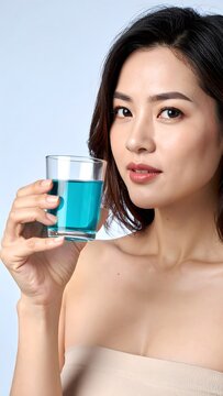 Mujer sosteniendo un vaso con l&iacute;quido azul sobre fondo claro