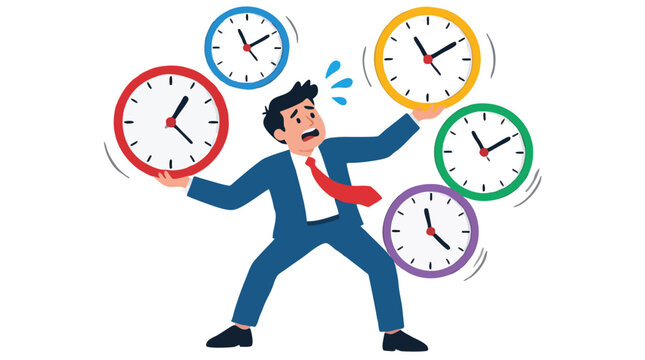Stressed businessman juggling five colorful clocks symbolizing time pressure, deadline overload, multitasking stress and urgent busy work schedule in bold flat vector illustration concept