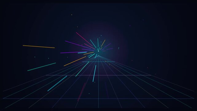 Retro neon cyberpunk grid tunnel with glowing light streaks and hypnotic optical motion loop synthwave